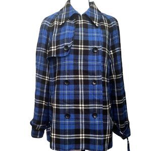 JONES WEAR Double Breasted Peacoat Womens Petite XL Blue Tartan Plaid Wool Blend